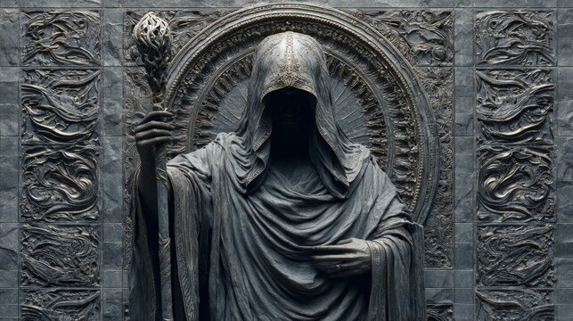 Ancient stone bas relief of a hooded wizard holding staff scepter, full body carving with realistic texture and mystical fantasy concept, cinematic dramatic lighting