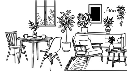 A clean minimal vector illustration of a continuous one line drawing showing Scandinavian style furniture composition. The design features chairs and a table with a vase containing a plant, created in © MDSUJON