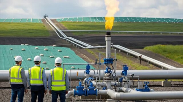 Engineers monitoring methane gas flaring and pipeline emissions for environmental compliance