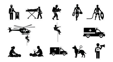 Obraz premium Emergency Medical Services Icons: Rescue, Ambulance, Paramedic, Helicopter