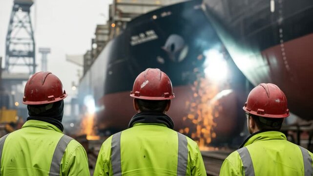 Three male shipyard workers in safety gear watching hull welding at a dry dock