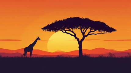 Flat vector graphic illustration of a single giraffe silhouette standing next to a large tree on a sunset landscape, © Pemuda