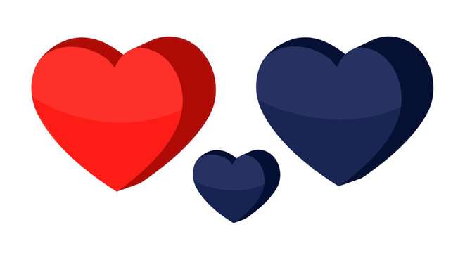 Three hearts, red and blue, with shadow effect, isolated on white background
