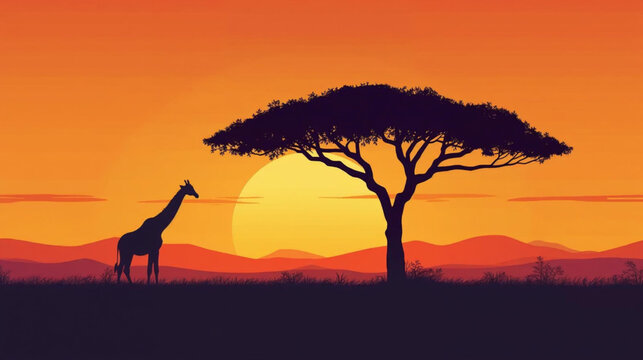 Flat vector graphic illustration of a single giraffe silhouette standing next to a large tree on a sunset landscape,
