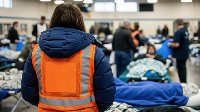 Female Volunteer in Safety Vest Monitoring Emergency Shelter for Displaced People