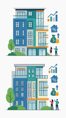 Obraz premium Property Set - apartment building with real estate investment icons and people, urban property concept vector illustration on white background