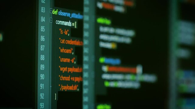 Close up computer monitors displaying fictional programming code and software development interface, technology workspace concept