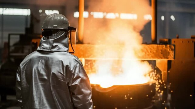 Industrial worker in protective gear observing molten steel casting in a high temperature foundry