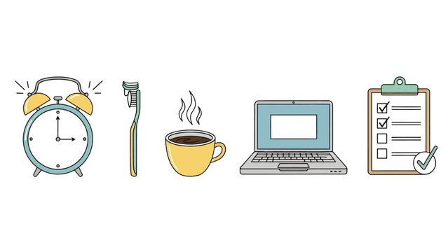 Daily Routine Icons Including Alarm Clock Coffee Laptop and Checklist.