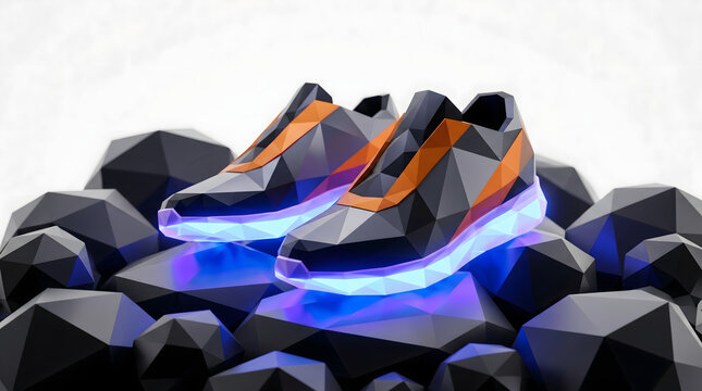 futuristic sneaker with glowing sole on dark rocks