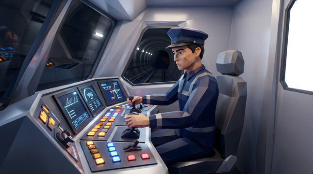 train driver operating controls in modern cabin