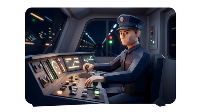 train conductor operating controls in cockpit at night