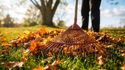 Obraz premium Autumn leaf raking in sunny backyard, gardener cleaning golden fallen leaves with garden rake, seasonal yard work and landscaping maintenance