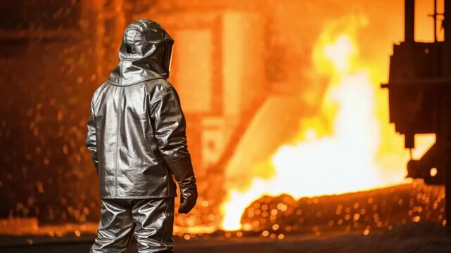 Professional foundry worker in silver heat resistant suit near molten steel furnace