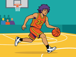 Naklejka premium Young male athlete with purple hair dribbling basketball on indoor court during competitive game with vibrant colors and energetic movement