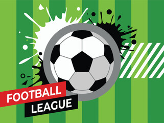 Obraz premium Football League Graphic Illustration with Soccer Ball and Ink Splatters on Green Field Background for Sports Tournament Branding and Marketing