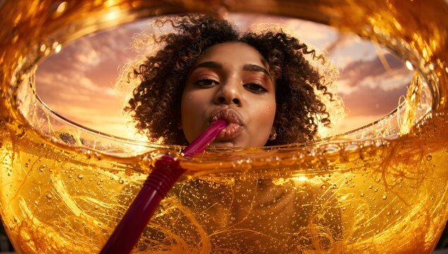 Dynamic perspective capturing a joyful young woman enjoying a golden, effervescent beverage through a straw amidst swirling liquid