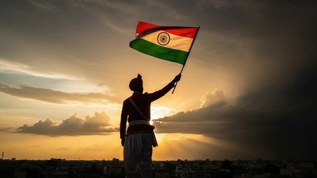 Silhouette of an Indian man in traditional attire holding the national flag against a dramatic sunset sky