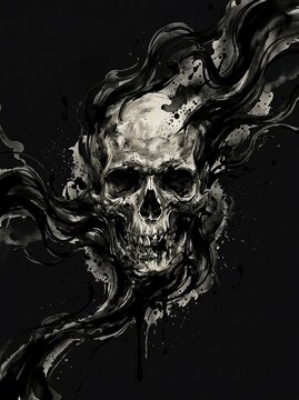 Dark gothic skull with swirling smoke effect on black background.