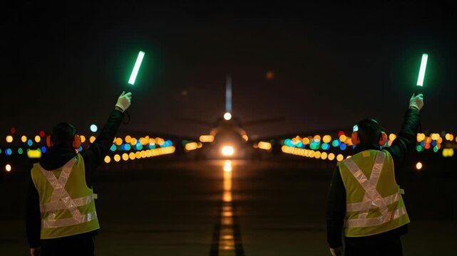Two Male Ground Crew Members Marshalling Aircraft at Night with Green Light Wands