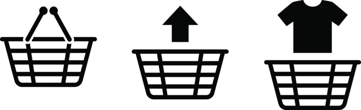 Laundry basket black silhouette icons set with dirty clothes tshirt and upward arrow vector illustration