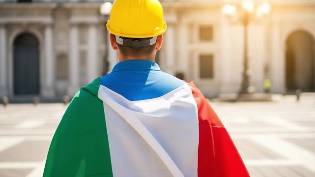 Italian construction worker wearing hard hat and national flag on shoulders standing in city square
