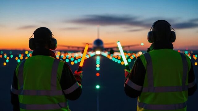 Two male aircraft marshallers in safety vests using glowing signal wands to guide a plane at dusk