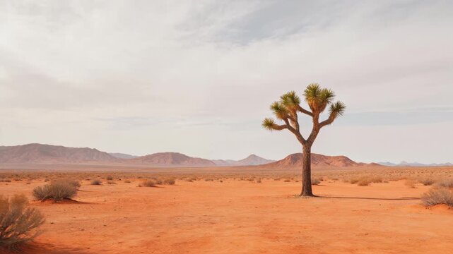 Solitary Joshua Tree in Vast Desert Landscape Under Cloudy Sky