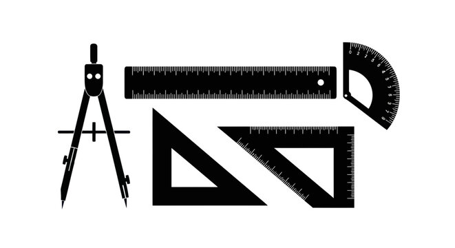 Geometric Tools Set: Compass, Rulers, Protractor, Set Squares - Black Silhouettes
