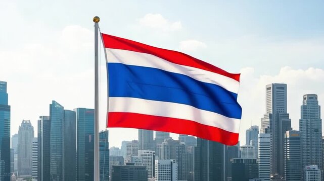 Thai flag waving over modern city skyline representing business growth and economic development in Thailand