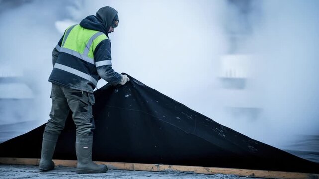 Male construction worker installing geotextile membrane during winter road repair with steam