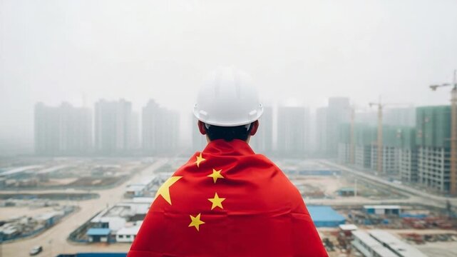 Young Asian male construction engineer wearing hard hat draped in Chinese flag overlooking urban development site