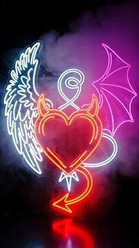 A glowing neon heart sign featuring contrasting wings against a dark background