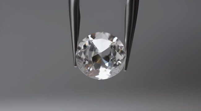 Oval cut clear gemstone held by tweezers on a plain background