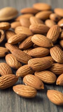 A pile of raw brown almonds rests on a rustic wooden surface