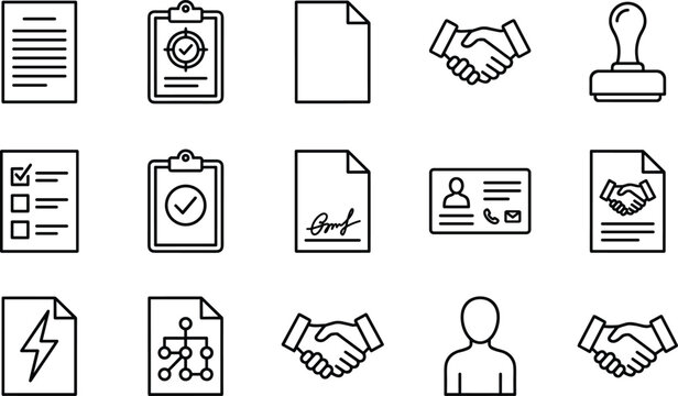 Business contract agreement and document workflow line icons set with handshake signature stamp vector