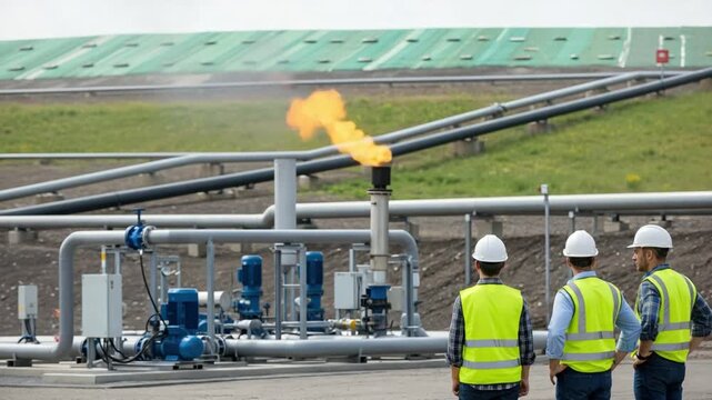Engineers Monitoring Methane Gas Flare at Sustainable Landfill Energy Plant