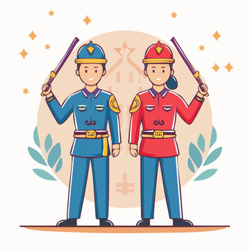 Two cartoon characters in uniform holding batons