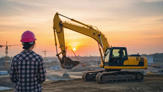 Female site manager in pink hard hat supervising excavator at sunset construction site