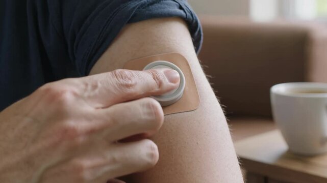 Man adjusting continuous glucose monitor sensor on his arm for diabetes management.