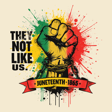 Juneteenth 1865 Emancipation Fist Breaking Chains Rainbow Explosion Illustration, They Not Like Us