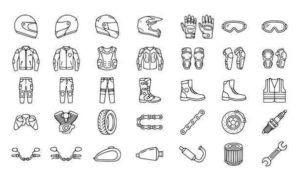 Motorcycle gear and parts icon set moto equipment vector collection