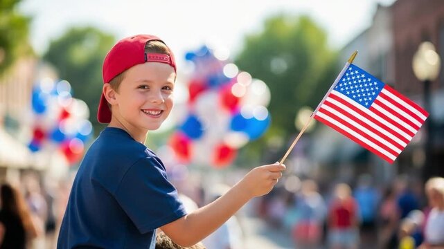 Happy young boy holding American flag at outdoor community parade celebration