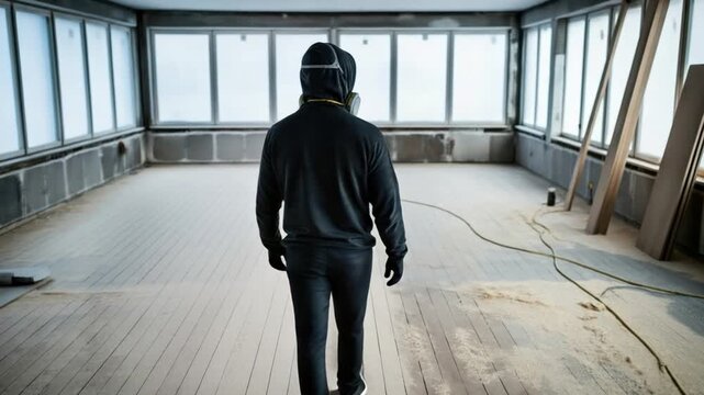 Male worker in protective respirator mask inspecting dusty room for mold remediation