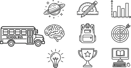 Back to school and online education linear icons set with school bus backpack trophy vector illustration © Sabbir Studio