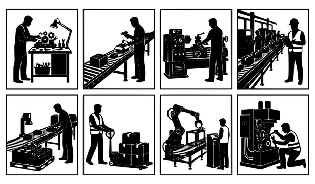 Industrial assembly line silhouette set with factory production workers isolated on white background
