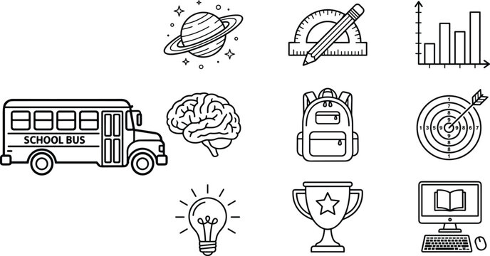 Back to school and online education linear icons set with school bus backpack trophy vector illustration