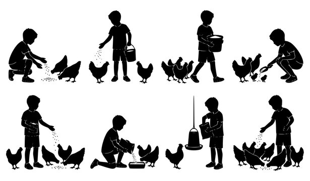 Farm child silhouette set with boy feeding chickens isolated on white background