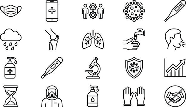 Coronavirus pandemic and healthcare medical hygiene line icons set with protective mask lungs thermometer vector