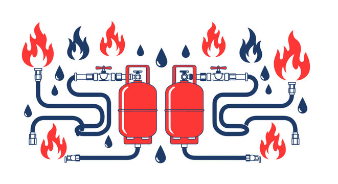 Gas Cylinders with Flames and Water Droplets Vector Illustration